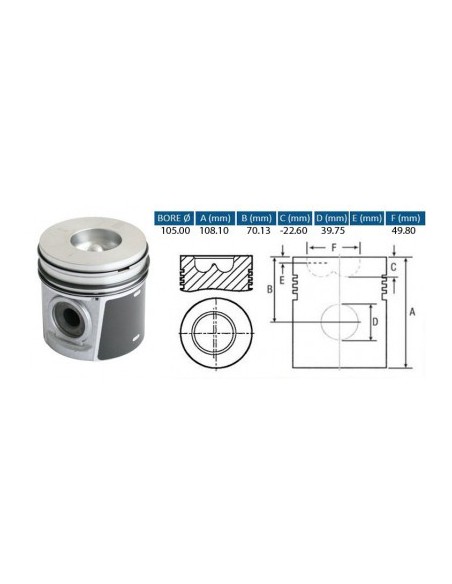 Piston cu Segmenti 105 mm Perkins U5PR0062, 4226650M91, 315-3395, 3153395, 508-1900, 5081900, UPRK0005