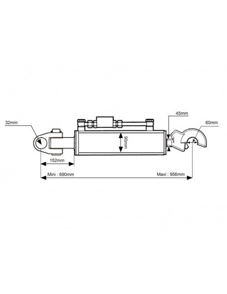 Hydraulic Top Link Cat.3/3 Knuckle and Q.R CBM Hook, Cylinder Bore 90 mm, Min. Length 690 mm Hydraulic Top Link Cat.3/3 Knuckle and Q.R CBM Hook, Cylinder Bore 90 mm, Min. Length 690 mm