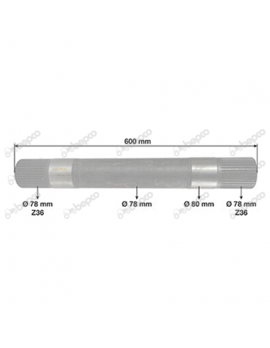 LIFT ARM SHAFT L 600 MM - Ø 80 MM - Z 36/36 - CIRCLIPS MOUNTING John Deere R126709