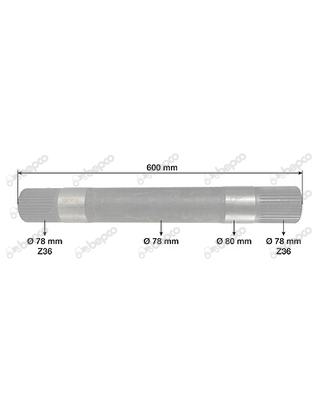 LIFT ARM SHAFT L 600 MM - Ø 80 MM - Z 36/36 - CIRCLIPS MOUNTING John Deere R126709